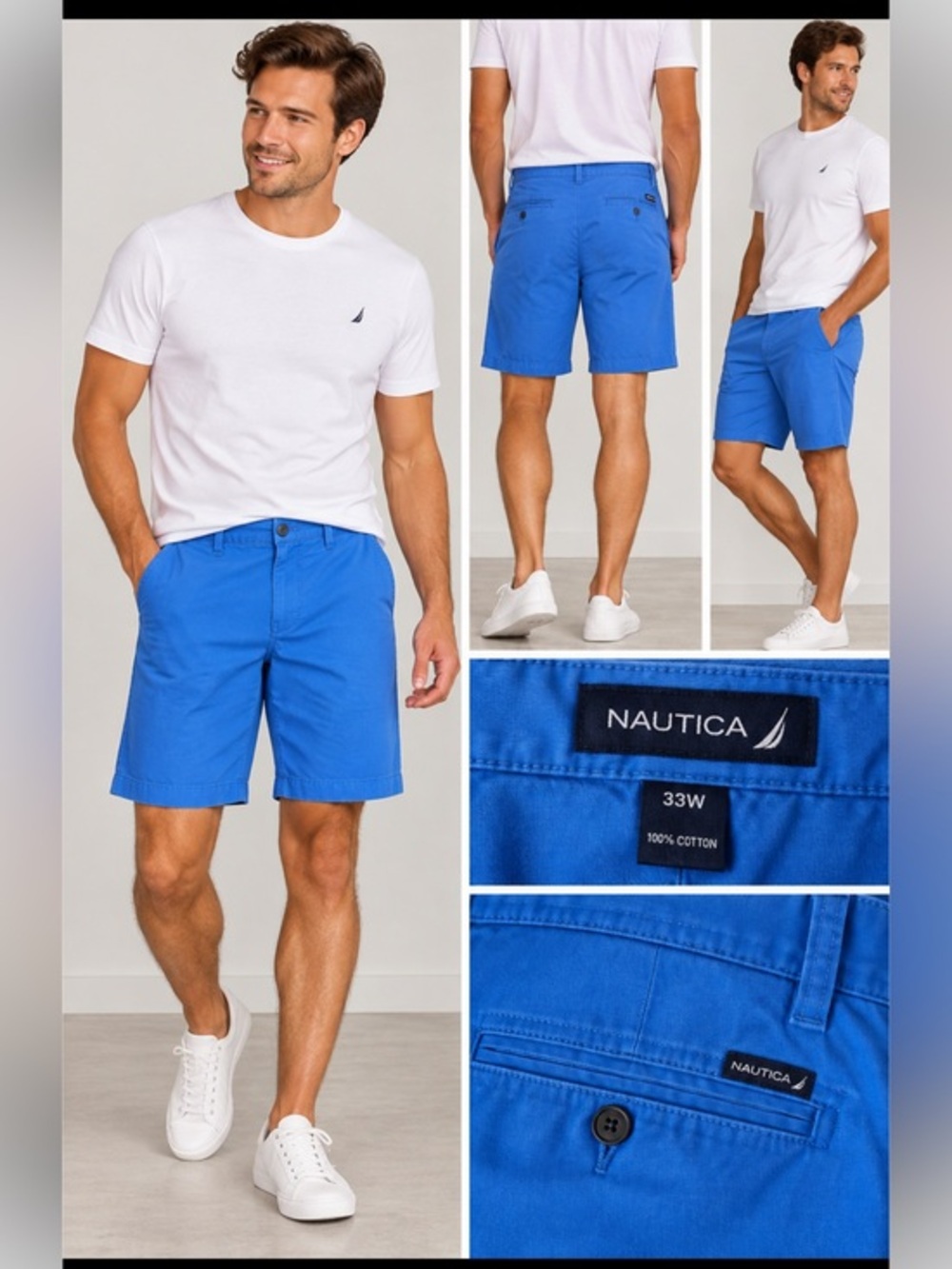 Nautica Men’s Blue Cotton Chino Shorts Size 33W Classic Casual